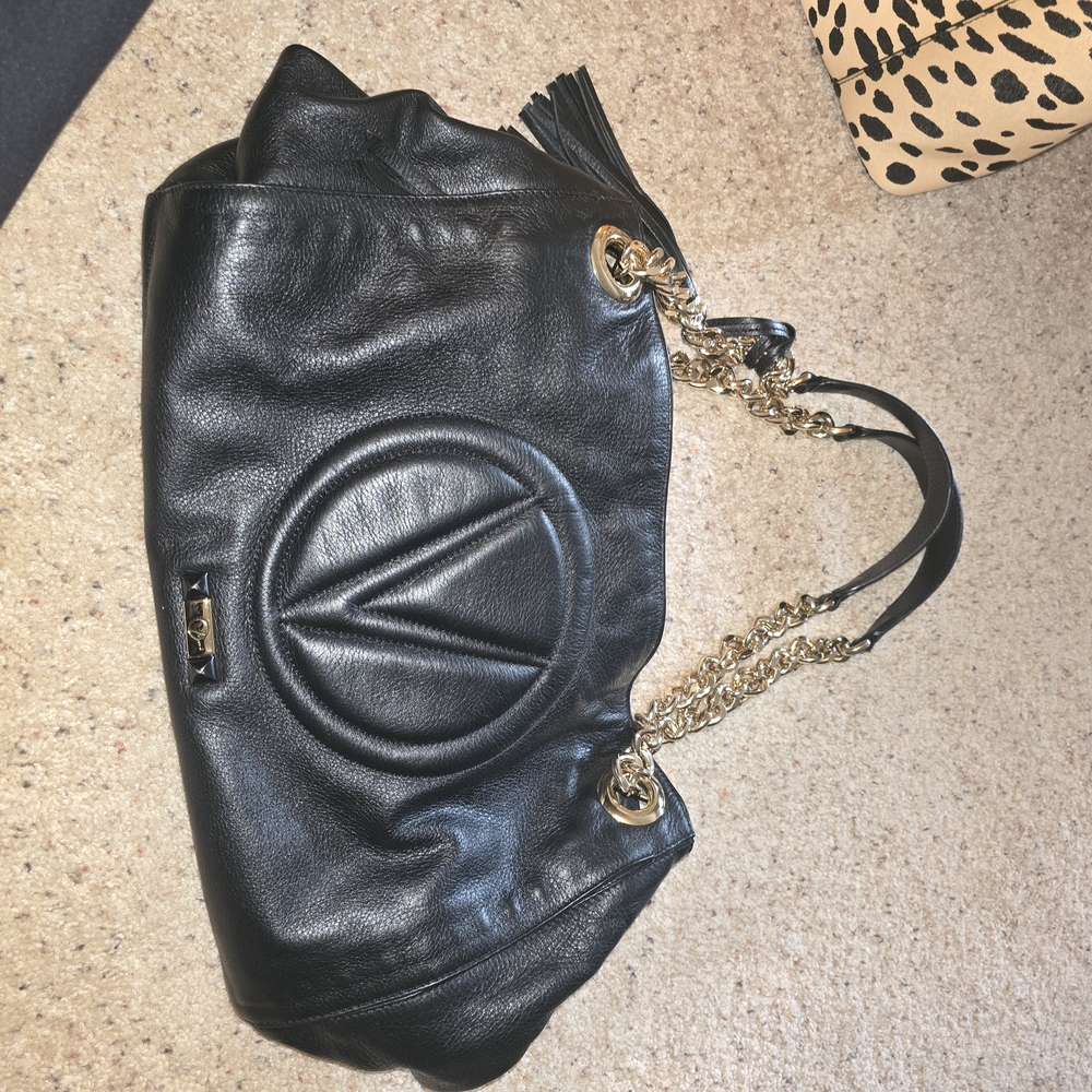 Valentino Black Leather Shoulder Bag with Gold Chain